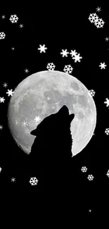 Wolf howling at the moon with snowflakes on a black background.