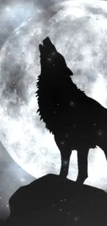 Silhouette of a wolf howling at a bright full moon in a dark, cloudy sky.