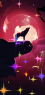 Wolf silhouette against neon moon with colorful stars.