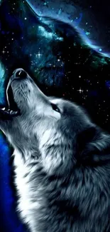 Artistic wolf howling at a starry night sky backdrop.