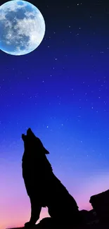 Wolf howling at the moon with a vivid blue sky and stars.