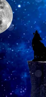 A lone wolf howling at the moon under a star-filled blue night sky.