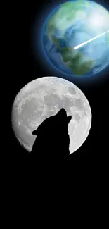 Wolf silhouette under moon and blue planet in dark space.