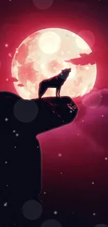 Silhouette of a wolf howling at a red moon with a magenta sky.