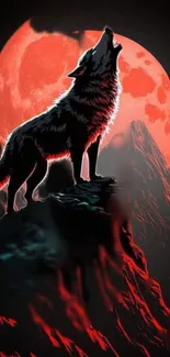 Wolf silhouetted against a red moon.