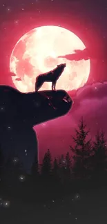 Wolf silhouette under a glowing red moon in a forest scene.