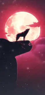 Wolf howling at a glowing red moon in dark cloudy sky wallpaper.