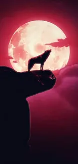 Wolf silhouette howling at a dramatic red moon in a night sky.