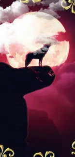 Wolf howling before a luminous red moon with clouds and ornate borders.