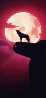 Wolf silhouette against a red moon backdrop.