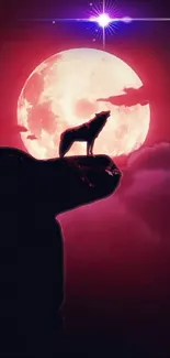 Wolf howling at a vibrant red moon with a starry background.