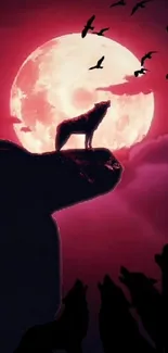 Wolf silhouette howling at a red moon with birds in the night sky.