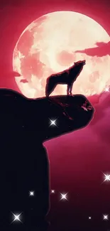 Wolf howling at a red moon with stars.