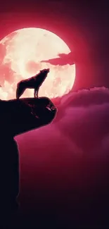 A wolf howling at the red moon with a dramatic night sky.