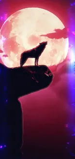 Silhouette of wolf howling at a red moon with mystical purple accents.