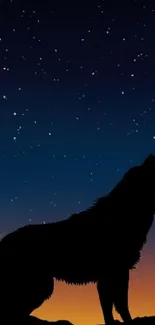 Wolf silhouette howling under a starry twilight sky, vibrant mobile wallpaper.