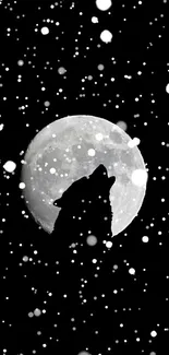 Silhouette of wolf howling at full moon with black night sky.