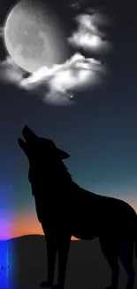 Silhouette of a wolf howling under a moonlit sky at dusk.