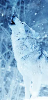 Wolf howling in snowy blue forest wallpaper.