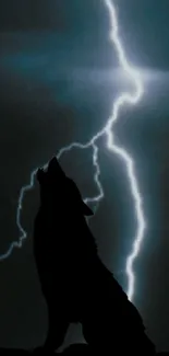 Silhouette of a wolf howling with lightning in the background.