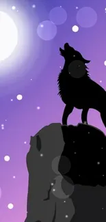 Silhouetted wolf howling at a purple night sky with stars.