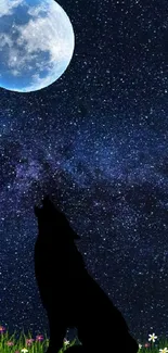 Wolf howling at the moon in a starry night sky with flowers at the bottom.