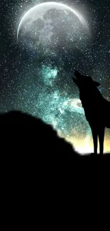 Silhouette of a howling wolf under a starry sky with a crescent moon.