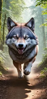 Running wolf on a forest path, vibrant and dynamic mobile wallpaper.