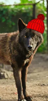 Black wolf in red hat outdoors.