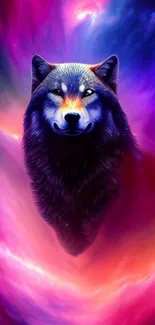 Vibrant cosmic wolf wallpaper with purple and pink hues.