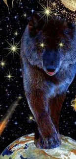 Wolf standing on Earth with cosmic background and stars.