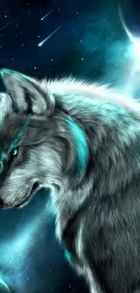 Wolf in cosmic night sky with teal accents and stars.