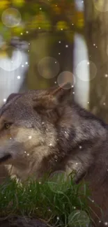 Wolf in a forest surrounded by magical lights, creating an enchanting atmosphere.