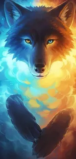 Majestic wolf with fiery and icy hues, creating a striking elemental contrast.