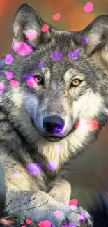 Majestic wolf surrounded by colorful heart petals in vibrant nature background.