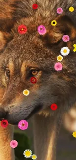 Wolf surrounded by vibrant, colorful flowers in nature.