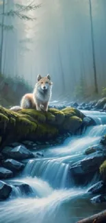 Wolf overlooking a serene forest stream, surrounded by misty trees.