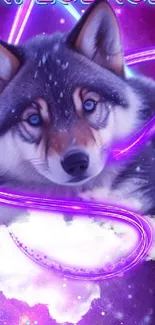 Wolf in a vibrant neon galaxy with cosmic elements.