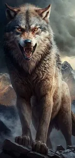 Fierce wolf in mountainous landscape wallpaper.