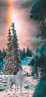 Majestic wolf in snowy forest with colorful sky.