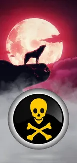 Wallpaper with a wolf howling at the moon and a skull emblem.