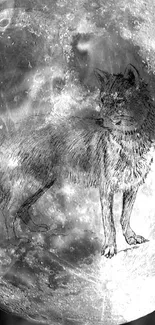 Artistic sketch of a wolf overlaying a full moon in grayscale tones.