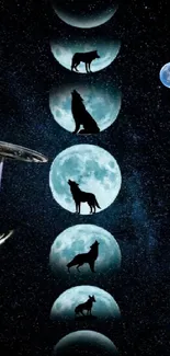 Wolf silhouettes with moon phases in a cosmic starry background.