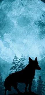 Silhouette of a wolf under a large full moon with trees in the background.