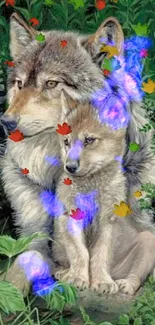 Wolf and pup in lush green forest, calming nature art.