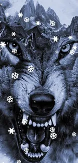 A mesmerizing wolf and mountain artistic fusion wallpaper in blue-gray tones.