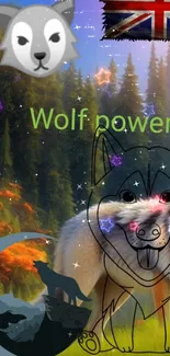 Wolf power wallpaper with forest background and wolf illustrations.