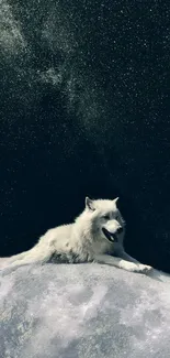 White wolf resting on the moon against a starry sky in a cosmic artwork.