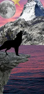 Wolf silhouette on rock with mountain, sunset, and ocean view art.