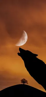 Silhouette of a wolf against an orange sunset with a crescent moon.